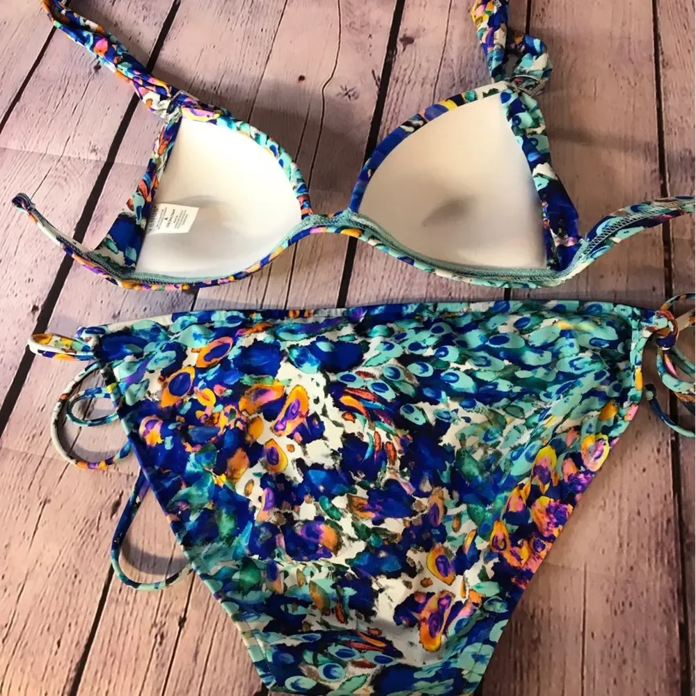 NWOT Turquoise Pink Venus Goddess Bikini Halter Top (32A) String Bottoms (12)